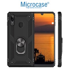 Microcase Samsung Galaxy A20 Anka Serisi Yüzük Standlı Armor Kılıf Siyah + Tempered Glass Cam Koruma (SEÇENEKLİ)