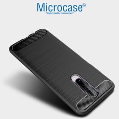 Microcase Xiaomi Redmi K30 Brushed Carbon Fiber Silikon Kılıf - Siyah + Tempered Glass Cam Koruma