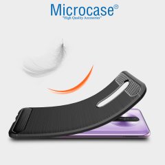 Microcase Xiaomi Redmi K30 Brushed Carbon Fiber Silikon Kılıf - Siyah + Tempered Glass Cam Koruma