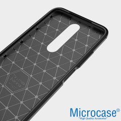 Microcase Xiaomi Redmi K30 Brushed Carbon Fiber Silikon Kılıf - Siyah + Tempered Glass Cam Koruma