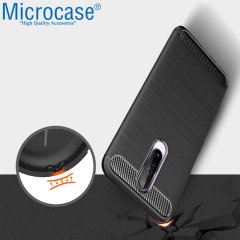 Microcase Xiaomi Redmi K30 Brushed Carbon Fiber Silikon Kılıf - Siyah + Tempered Glass Cam Koruma