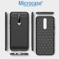 Microcase Xiaomi Redmi K30 Brushed Carbon Fiber Silikon Kılıf - Siyah + Tempered Glass Cam Koruma