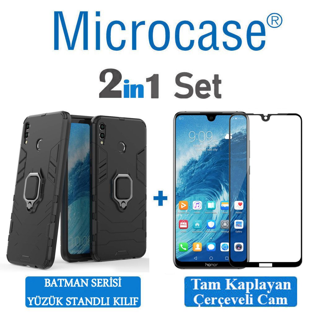 Microcase Huawei Honor 8X MAX Batman Serisi Yüzük Standlı Armor Kılıf - Siyah + Tam Kaplayan Çerçeveli Cam
