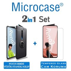 Microcase Oppo Reno 2 Focus Serisi Yüzük Standlı Silikon Kılıf - Siyah + Tempered Glass Cam Koruma