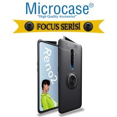 Microcase Oppo Reno 2 Focus Serisi Yüzük Standlı Silikon Kılıf - Siyah + Tempered Glass Cam Koruma