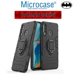 Microcase Huawei P30 Lite Batman Serisi Yüzük Standlı Armor Kılıf - Siyah + Tam Kaplayan Çerçeveli Cam