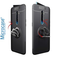 Microcase Oppo Reno 2 Focus Serisi Yüzük Standlı Silikon Kılıf - Siyah + Tempered Glass Cam Koruma