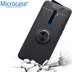 Microcase Oppo Reno 2 Focus Serisi Yüzük Standlı Silikon Kılıf - Siyah + Tempered Glass Cam Koruma