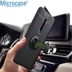 Microcase Oppo Reno 2 Focus Serisi Yüzük Standlı Silikon Kılıf - Siyah + Tempered Glass Cam Koruma