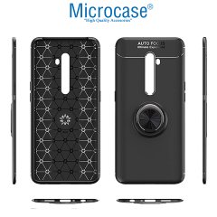 Microcase Oppo Reno 2 Focus Serisi Yüzük Standlı Silikon Kılıf - Siyah + Tempered Glass Cam Koruma