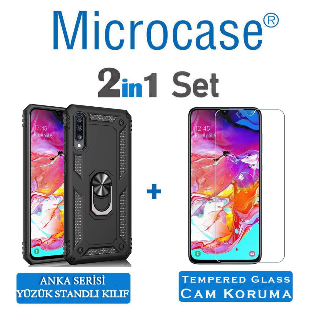 Microcase Samsung Galaxy A70 Anka Serisi Yüzük Standlı Armor Kılıf Siyah + Tempered Glass Cam Koruma (SEÇENEKLİ)