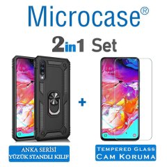 Microcase Samsung Galaxy A70 Anka Serisi Yüzük Standlı Armor Kılıf Siyah + Tempered Glass Cam Koruma (SEÇENEKLİ)