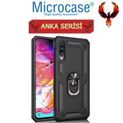 Microcase Samsung Galaxy A70 Anka Serisi Yüzük Standlı Armor Kılıf Siyah + Tempered Glass Cam Koruma (SEÇENEKLİ)