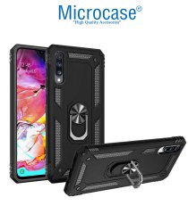Microcase Samsung Galaxy A70 Anka Serisi Yüzük Standlı Armor Kılıf Siyah + Tempered Glass Cam Koruma (SEÇENEKLİ)