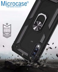 Microcase Samsung Galaxy A70 Anka Serisi Yüzük Standlı Armor Kılıf Siyah + Tempered Glass Cam Koruma (SEÇENEKLİ)