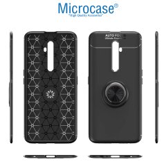 Microcase Oppo Reno 2Z Focus Serisi Yüzük Standlı Silikon Kılıf - Siyah + Tempered Glass Cam Koruma