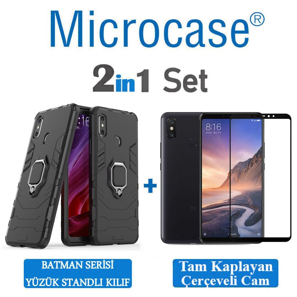 Microcase Xiaomi Mi Max 3 Batman Serisi Yüzük Standlı Armor Kılıf - Siyah + Tam Kaplayan Çerçeveli Cam