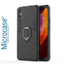 Microcase Xiaomi Mi Max 3 Batman Serisi Yüzük Standlı Armor Kılıf - Siyah + Tam Kaplayan Çerçeveli Cam