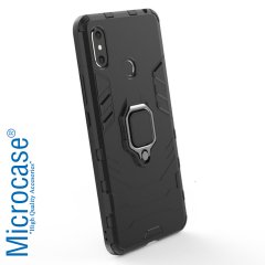 Microcase Xiaomi Mi Max 3 Batman Serisi Yüzük Standlı Armor Kılıf - Siyah + Tam Kaplayan Çerçeveli Cam