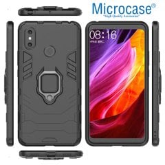 Microcase Xiaomi Mi Max 3 Batman Serisi Yüzük Standlı Armor Kılıf - Siyah + Tam Kaplayan Çerçeveli Cam