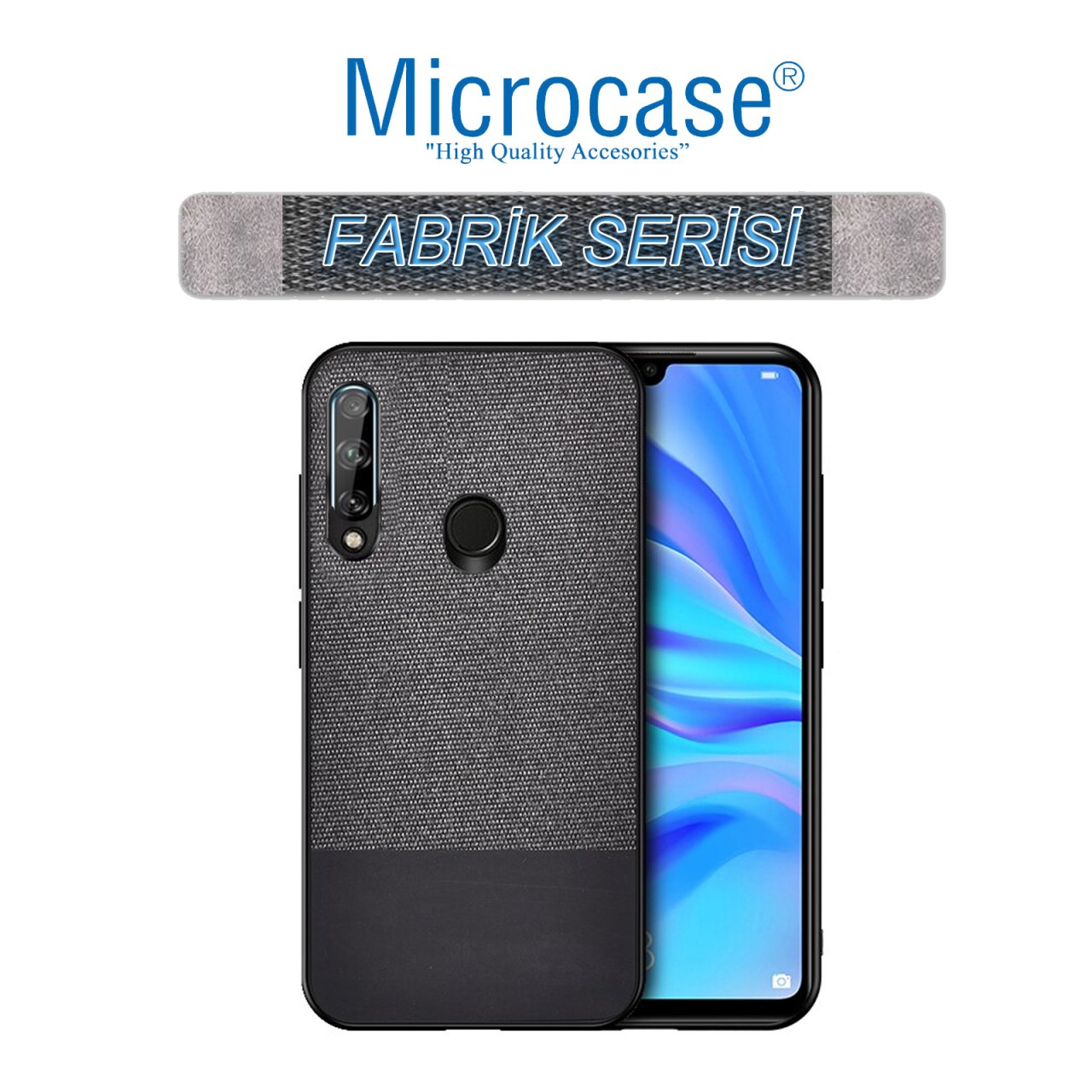 Huawei P40 Lite E / Y7P Fabrik Serisi Kumaş ve Deri Kılıf - Siyah