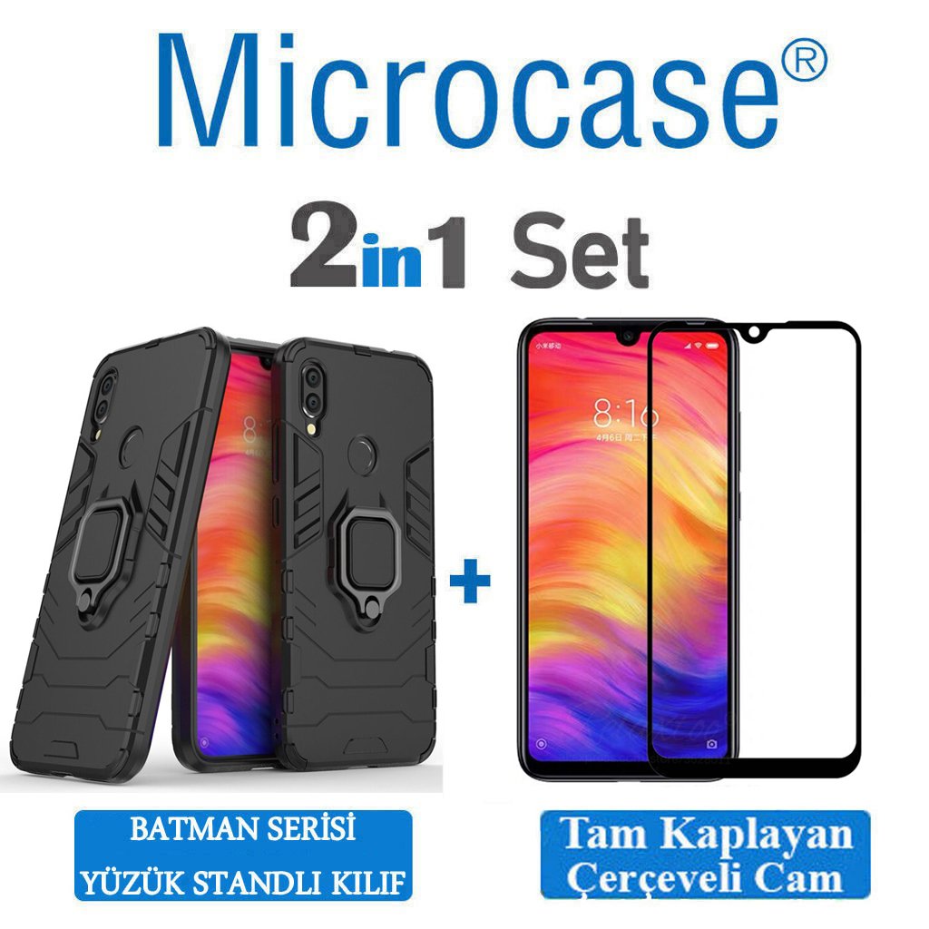 Microcase Xiaomi Redmi 7 Batman Serisi Yüzük Standlı Armor Kılıf - Siyah + Tam Kaplayan Çerçeveli Cam