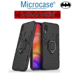 Microcase Xiaomi Redmi 7 Batman Serisi Yüzük Standlı Armor Kılıf - Siyah + Tam Kaplayan Çerçeveli Cam