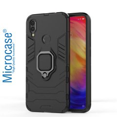 Microcase Xiaomi Redmi 7 Batman Serisi Yüzük Standlı Armor Kılıf - Siyah + Tam Kaplayan Çerçeveli Cam