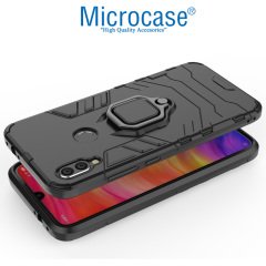 Microcase Xiaomi Redmi 7 Batman Serisi Yüzük Standlı Armor Kılıf - Siyah + Tam Kaplayan Çerçeveli Cam