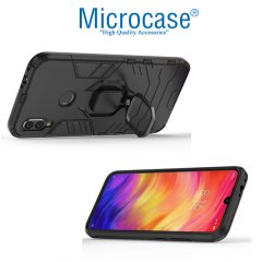 Microcase Xiaomi Redmi 7 Batman Serisi Yüzük Standlı Armor Kılıf - Siyah + Tam Kaplayan Çerçeveli Cam