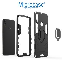 Microcase Xiaomi Redmi 7 Batman Serisi Yüzük Standlı Armor Kılıf - Siyah + Tam Kaplayan Çerçeveli Cam