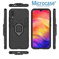 Microcase Xiaomi Redmi 7 Batman Serisi Yüzük Standlı Armor Kılıf - Siyah + Tam Kaplayan Çerçeveli Cam