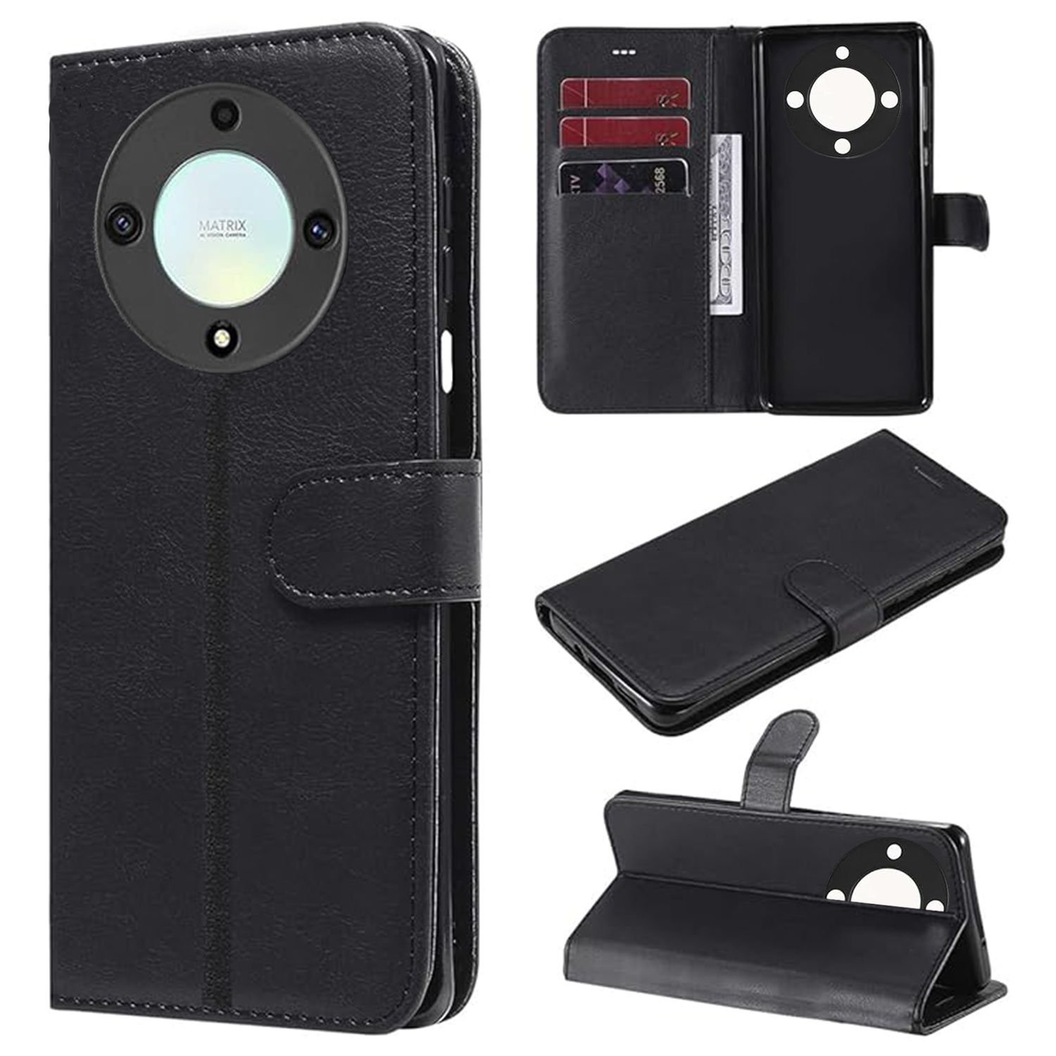 Microcase Honor X9A Darbeye Dayanıklı Cüzdanlı ve Standlı Kapaklı Deri Kılıf Siyah AL4232
