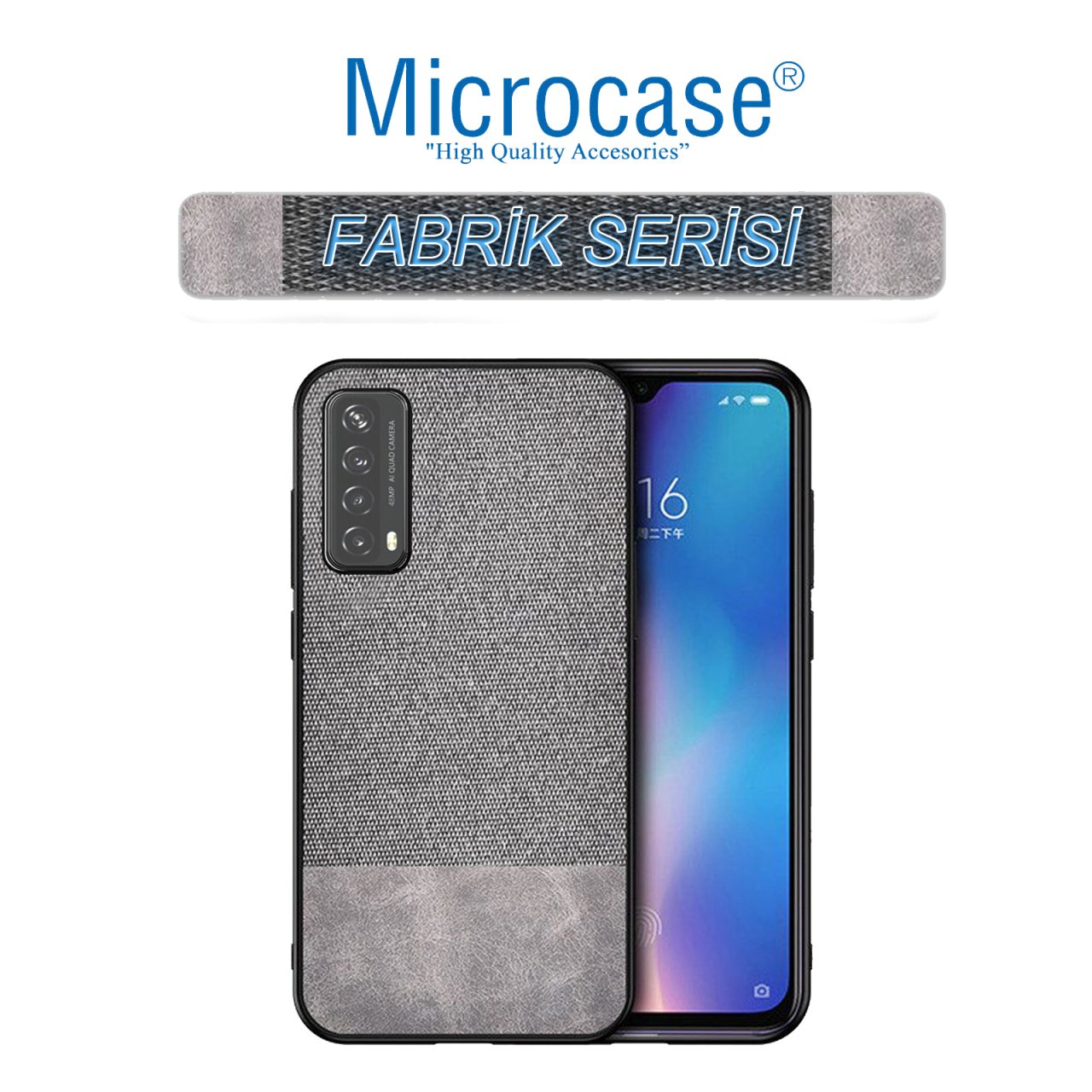 Huawei P Smart 2021 Fabrik Serisi Kumaş ve Deri Desen Kılıf - Gri