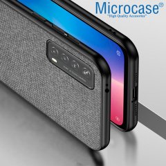 Huawei P Smart 2021 Fabrik Serisi Kumaş ve Deri Desen Kılıf - Gri