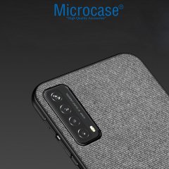 Huawei P Smart 2021 Fabrik Serisi Kumaş ve Deri Desen Kılıf - Gri