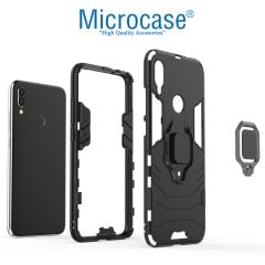 Microcase Xiaomi Redmi Note 7 Batman Serisi Yüzük Standlı Armor Kılıf - Siyah + Tam Kaplayan Çerçeveli Cam