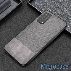 Huawei P Smart 2021 Fabrik Serisi Kumaş ve Deri Desen Kılıf - Gri