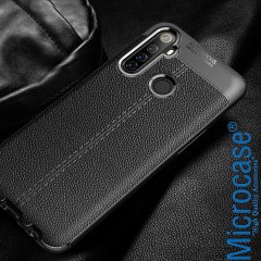 Microcase Realme 6i Leather Tpu Silikon Kılıf - Siyah + Tempered Glass Cam Koruma