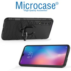 Microcase Xiaomi Mi 9 Explorer Batman Serisi Yüzük Standlı Armor Kılıf - Siyah + Tam Kaplayan Çerçeveli Cam