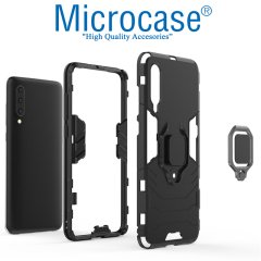 Microcase Xiaomi Mi 9 Explorer Batman Serisi Yüzük Standlı Armor Kılıf - Siyah + Tam Kaplayan Çerçeveli Cam