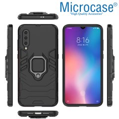 Microcase Xiaomi Mi 9 Explorer Batman Serisi Yüzük Standlı Armor Kılıf - Siyah + Tam Kaplayan Çerçeveli Cam
