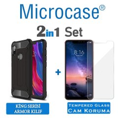 Microcase Xiaomi Redmi Note 6 Pro King Serisi Armor Perfect Koruma Kılıf Siyah + Tempered Glass Cam Koruma (SEÇENEKLİ)