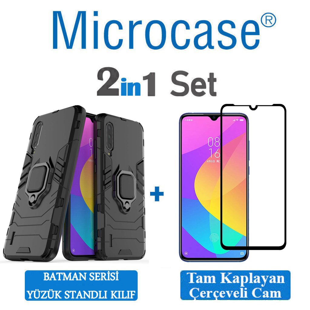 Microcase Xiaomi Mi 9 Lite Batman Serisi Yüzük Standlı Armor Kılıf - Siyah + Tam Kaplayan Çerçeveli Cam