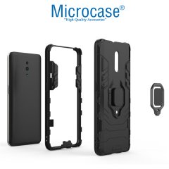 Microcase Oppo Reno Batman Serisi Yüzük Standlı Armor Kılıf - Siyah + Tam Kaplayan Çerçeveli Cam