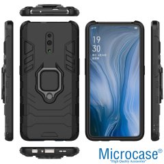 Microcase Oppo Reno Batman Serisi Yüzük Standlı Armor Kılıf - Siyah + Tam Kaplayan Çerçeveli Cam