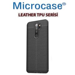 Microcase Xiaomi Redmi 9 Leather Tpu Silikon Kılıf - Siyah + Tempered Glass Cam Koruma