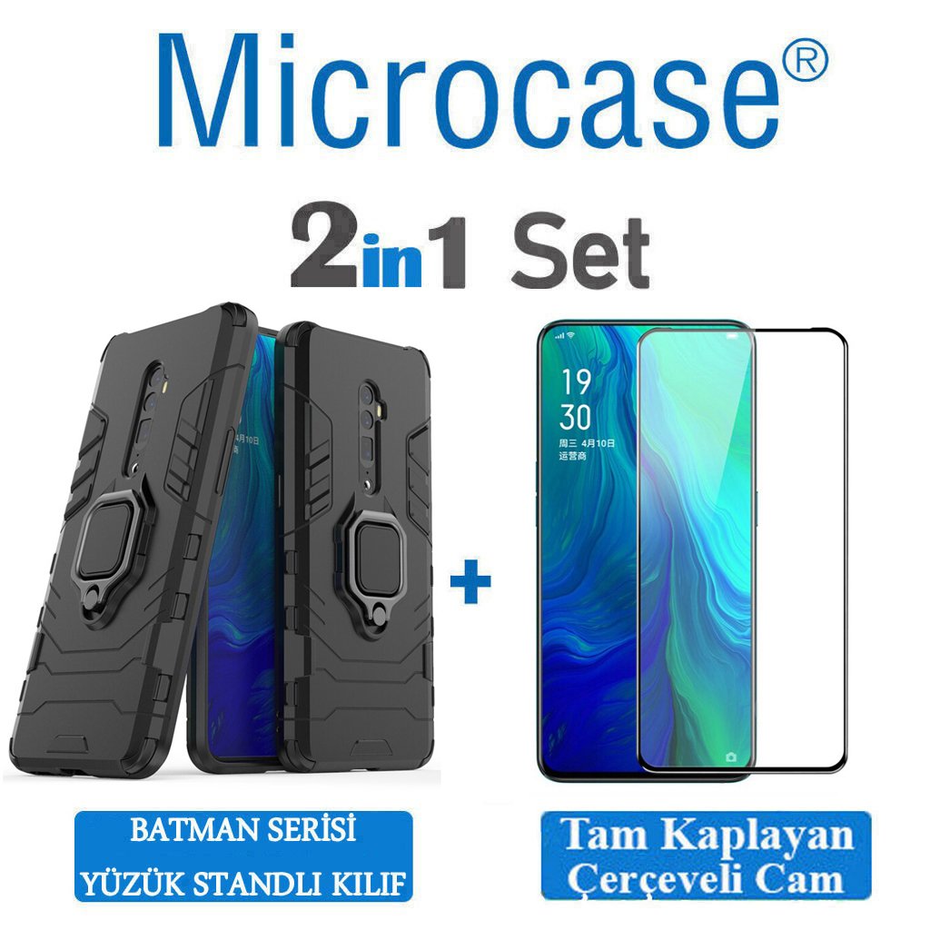 Microcase Oppo Reno 10x Zoom Batman Serisi Yüzük Standlı Armor Kılıf - Siyah + Tam Kaplayan Çerçeveli Cam