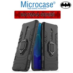 Microcase Oppo Reno 10x Zoom Batman Serisi Yüzük Standlı Armor Kılıf - Siyah + Tam Kaplayan Çerçeveli Cam