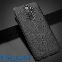 Microcase Xiaomi Redmi 9 Leather Tpu Silikon Kılıf - Siyah + Tempered Glass Cam Koruma